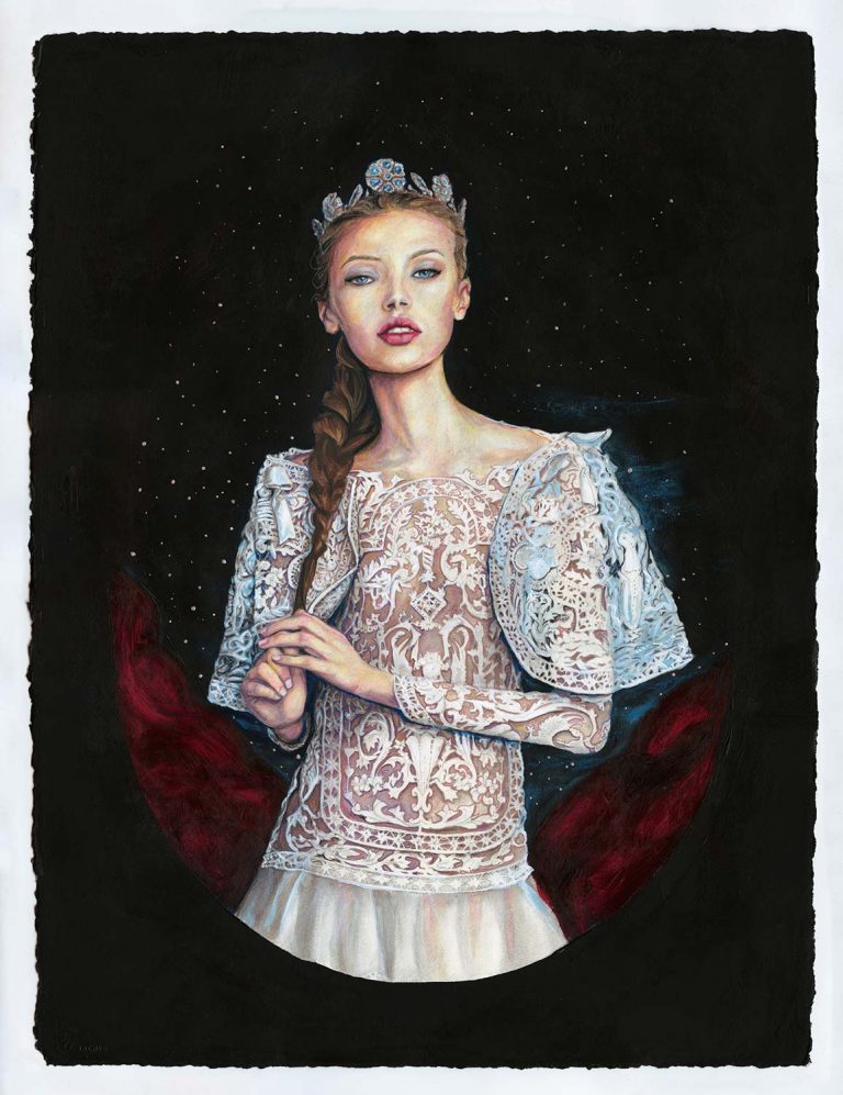 Artist Danny Roberts Fashion illustration of Mona Johannessen as princess Josette RoyalBall Marchesa Painting.