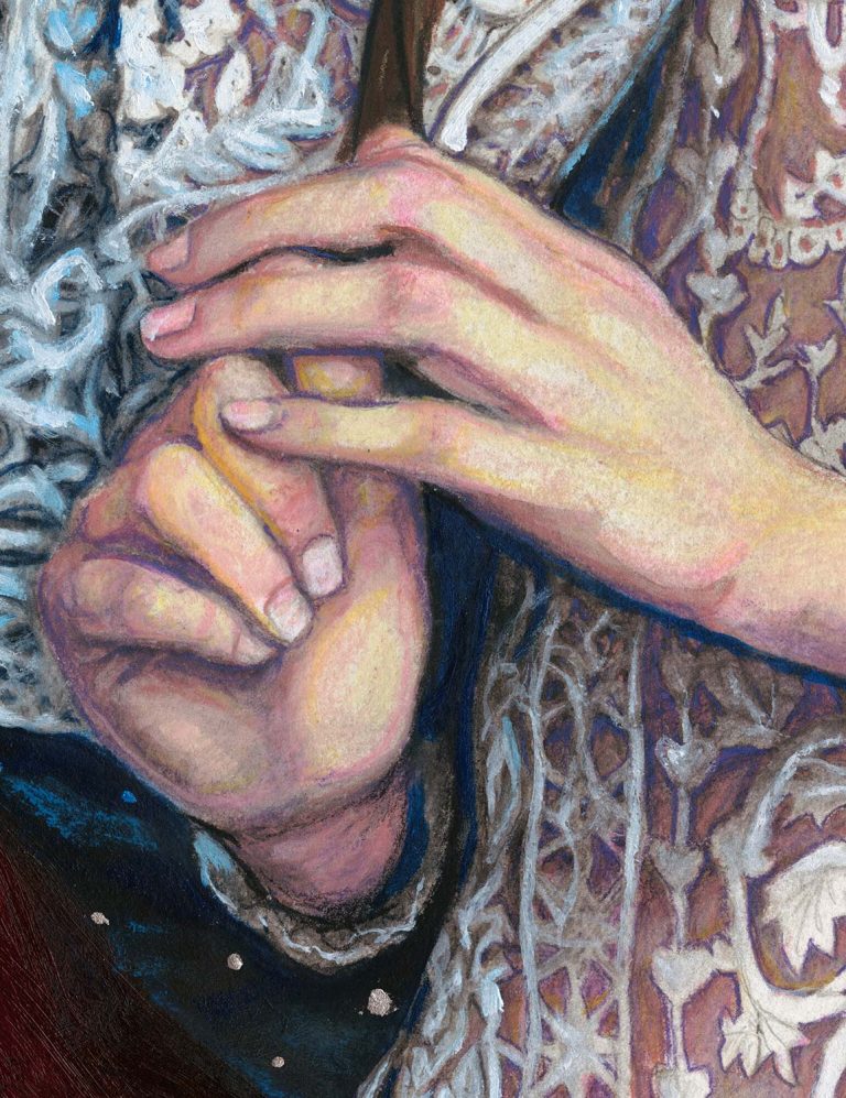Close up of Artist Danny Roberts Fashion illustration of Mona Johannessen as princess hands Josette RoyalBall Marchesa Painting.