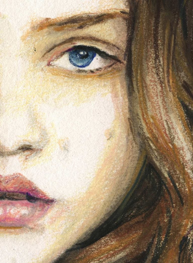 Fine Detail close up of Fashion model Rasa Zukauskaite blue eyes and pink lips by Illustrator Danny Roberts