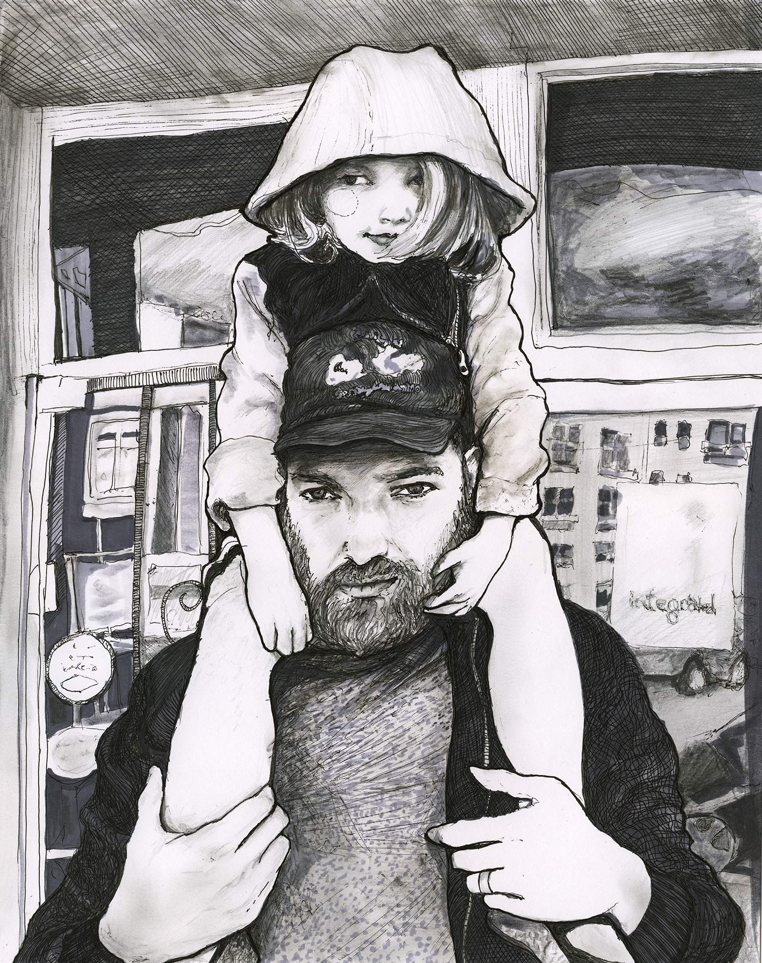 Pen and ink black and white illustration of Darren king and Scarlett King by artist Danny Roberts