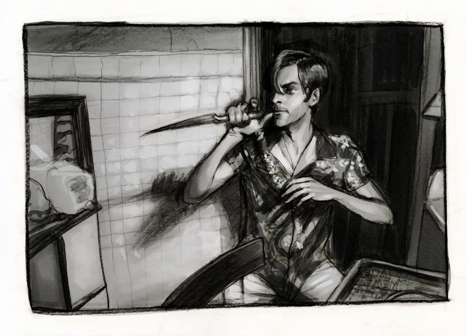 Drawing of Wes Bentley holding a knife by artist danny Roberts for lady gaga v magazine shoot by Chadwick Tyler