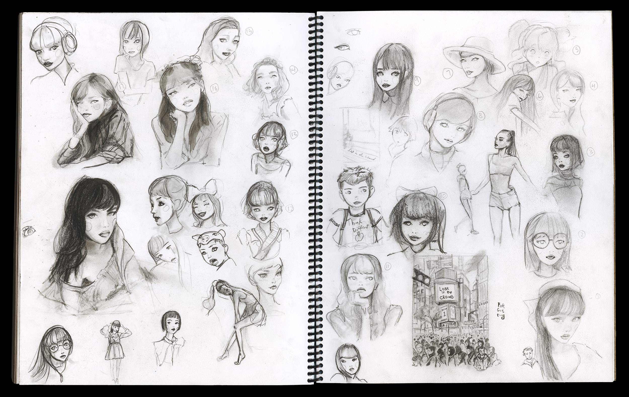 A Sketch book page of Faces by Danny Roberts. ダニー・ロバーツによるFacesのスケッチブックページ。