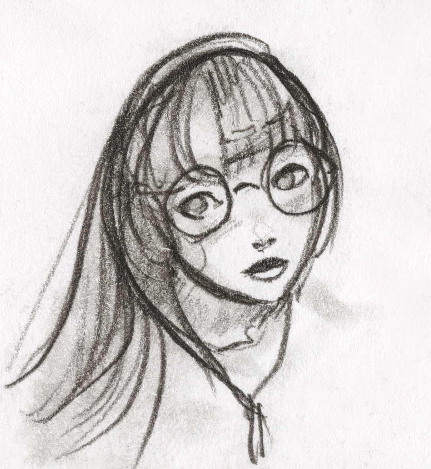 drawing of a girl wearing glasses by Danny Roberts Character design. ダニー・ロバーツによる眼鏡をかけた少女のキャラクターデザイン